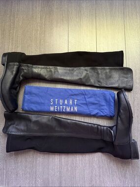 Stuart Weitzman 5050 Black Leather Flat Over The Knee OTK Boots Sz 11M Dustbag